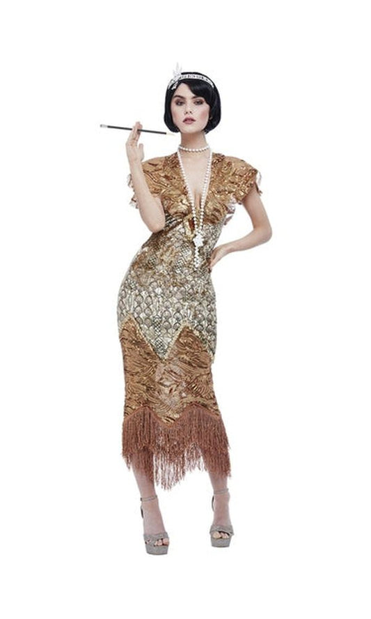 1920s Sequin Gold Flapper Costume For Adults
