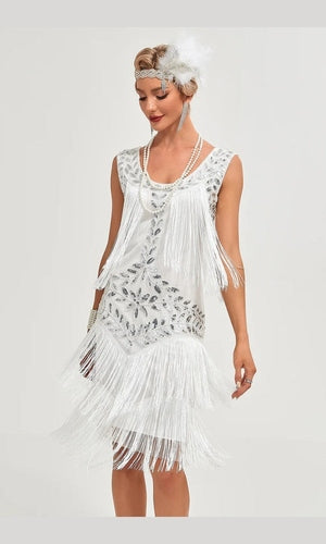 1920s White Sequins Fringed Flapper Dress