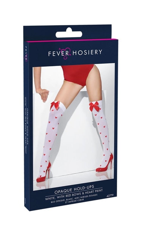 White Opaque Hold Ups with Heart Print