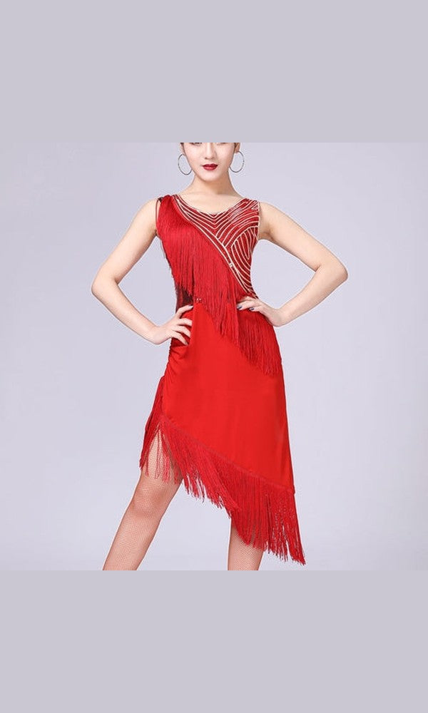sequin Fringe Dress V-Neck Sleeveless Ballroom Cha Cha Party Tassel Dress