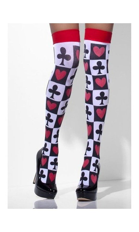 White Poker Pattern Opaque Knee High Tights
