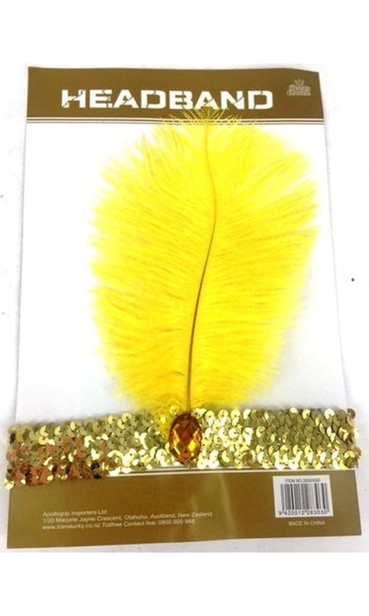 1920S HEADBAND W/ FEATHER, GOLDEN