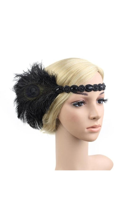 1920s Black Headband With Peacock Design