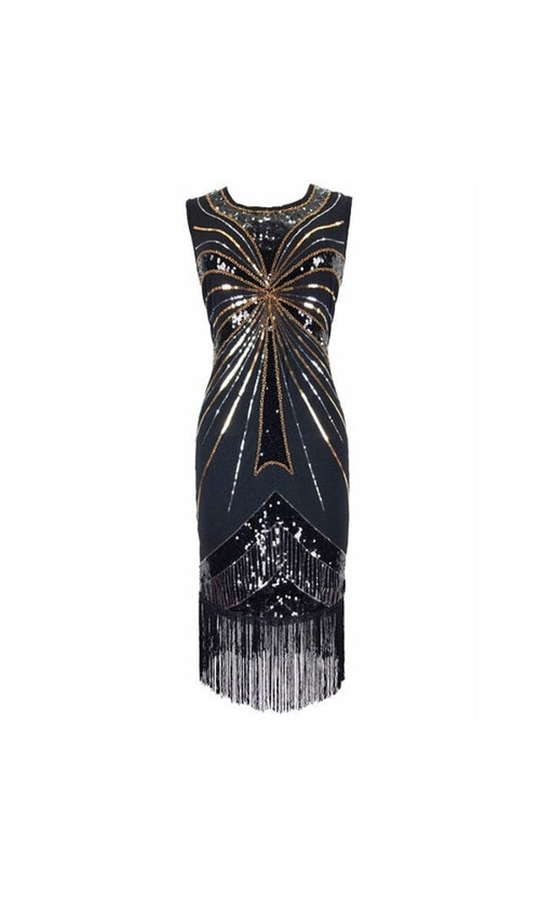 1920s Great Gatsby Dress O-Neck Sleeveless Beaded Gold Black