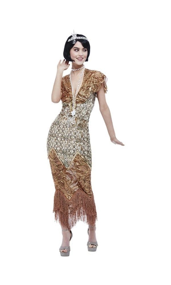 1920s Sequin Gold Flapper Costume For Adults