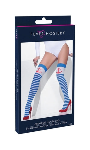 Blue and White Striped Opaque Knee High Tights, Sailor Design