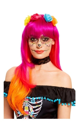Day of the Dead Wig, Pink & Orange, with Flowers