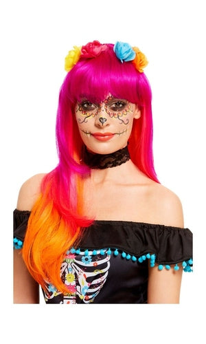 Day of the Dead Wig, Pink & Orange, with Flowers