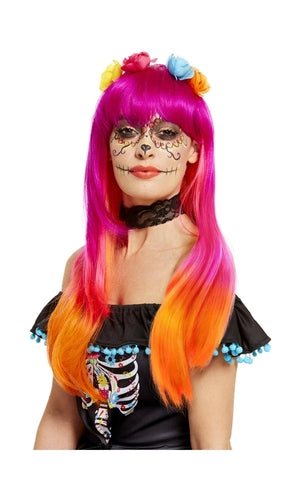 Day of the Dead Wig, Pink & Orange, with Flowers