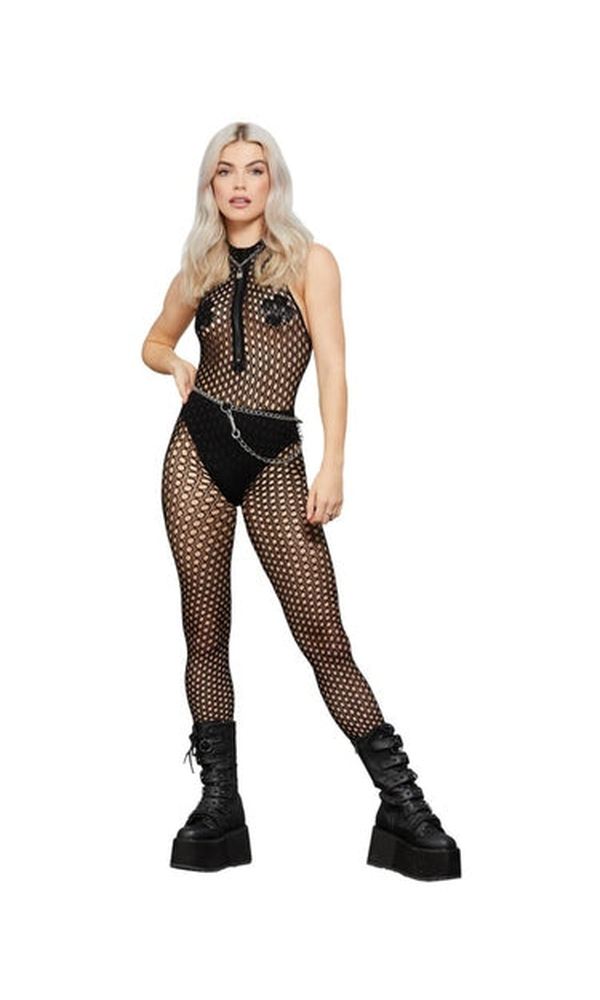 Fever Sleeveless Zipped Bodystocking, Black