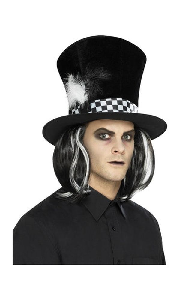 Mad Hatter Dark Tea Party Top Hat, Black, with Hair