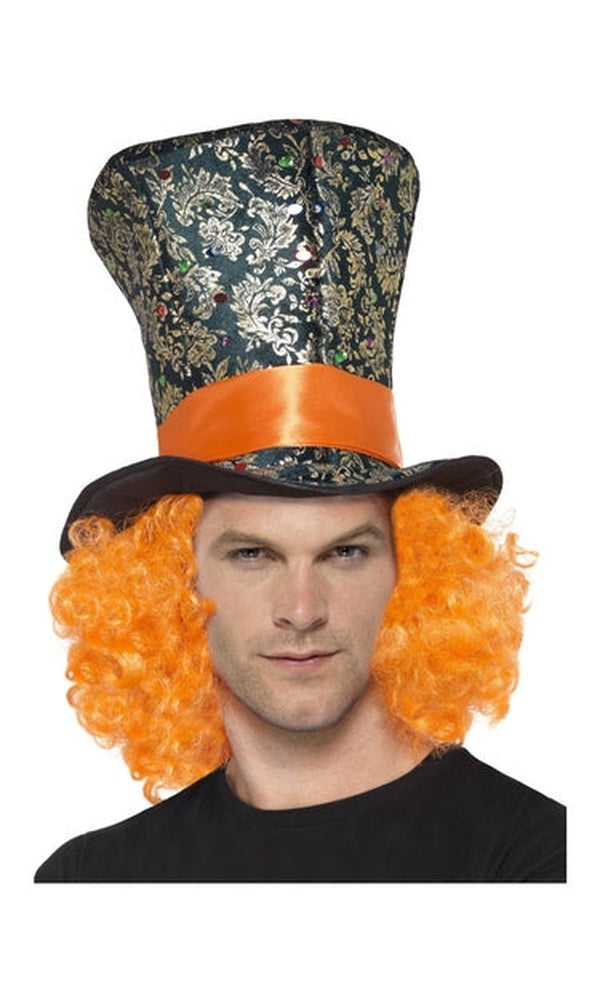 Mad Hatter Top Hat, Multi-Coloured, with Attached Hair