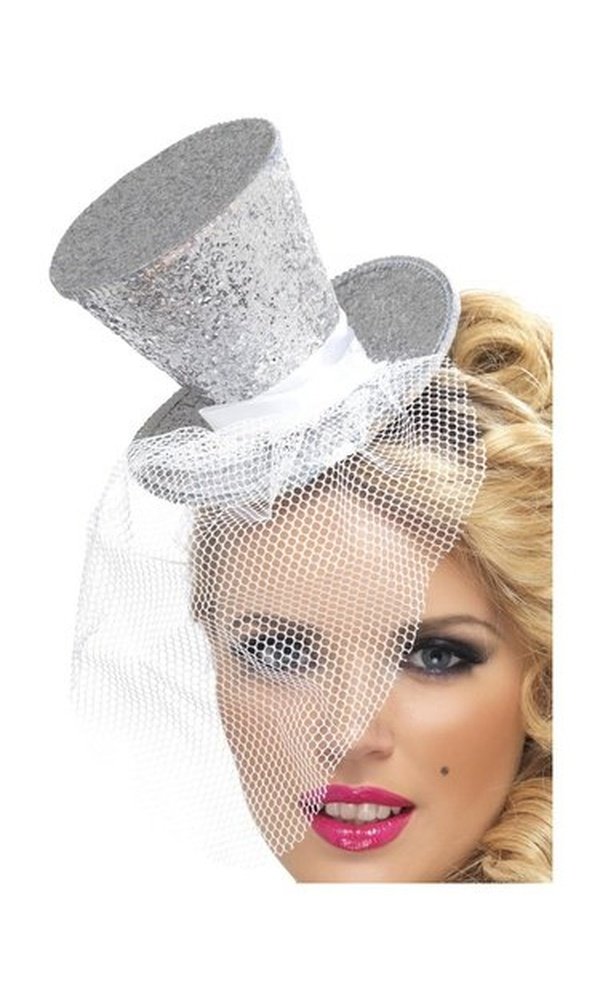 Mini Top Hat on Headband, Silver, with Detachable Netting