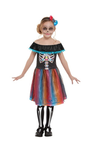 Neon Day of The Dead Girl Costume For Kids