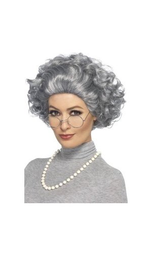 Old Granny Kit Grey Wig Glasses Pearl Necklace Comedy Fancy Dress