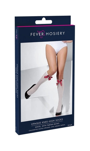 Opaque Knee High Socks, White, with Tartan Bows