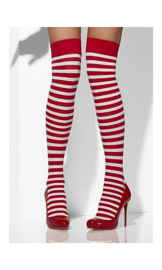 Opaque Knee High Tights, Red & White, Striped