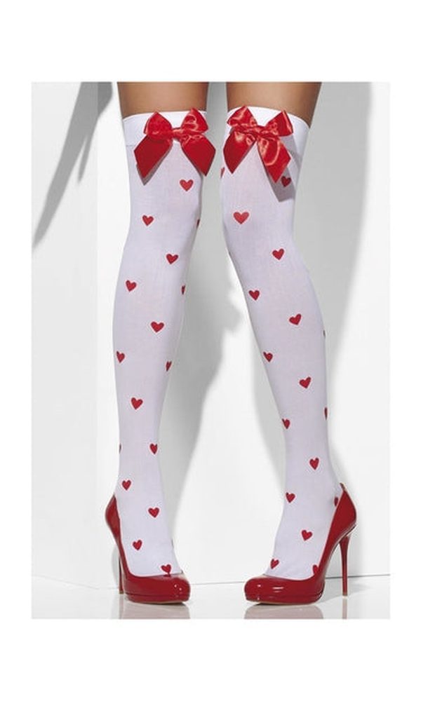 White Opaque Hold Ups with Heart Print