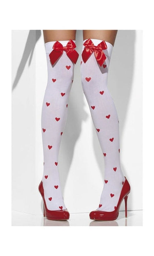 White Opaque Hold Ups with Heart Print