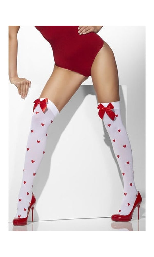 White Opaque Hold Ups with Heart Print