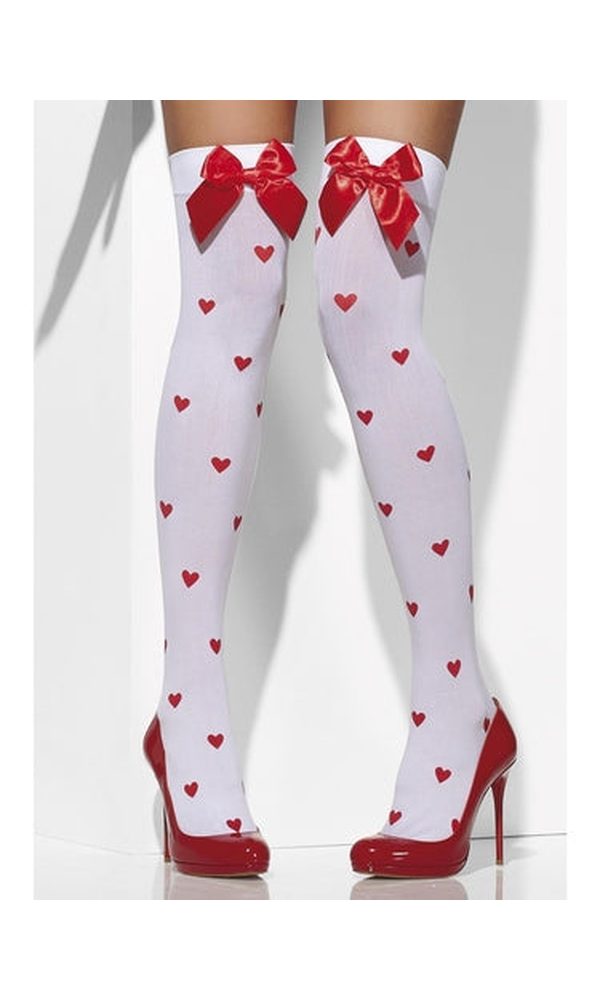 White Opaque Hold Ups with Heart Print
