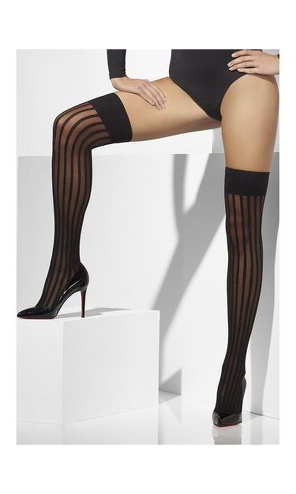 Black Sheer Knee High Tights with Vertical Stripes