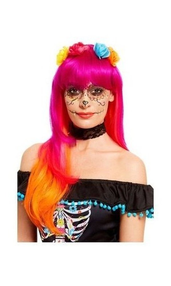 Day of the Dead Wig, Pink & Orange, with Flowers