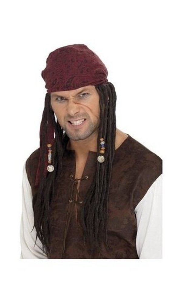 Pirate Wig & Scarf, Brown, with Plaits