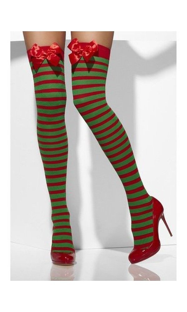 Red and Green Striped Opaque Knee High Tights