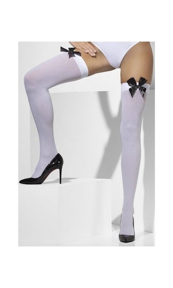 White Opaque Knee High Tights with Black Bows