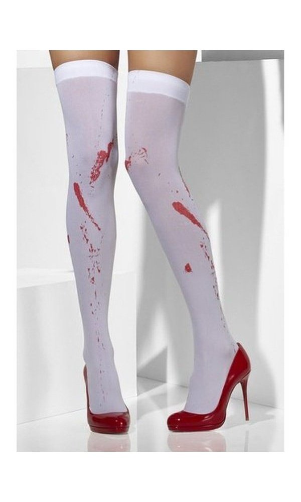White Opaque Knee High Tights with Blood Stain Print